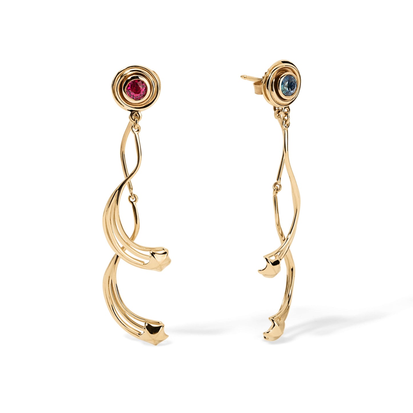 A pair of 14 karat yellow gold dangling earrings. The top part has a 4mm round cut pink Spinel and the other has a teal which is greenish blue Sapphire. Stars and rays of stars dangle from your earlobe's front and back attached to the butterfly ear backs.