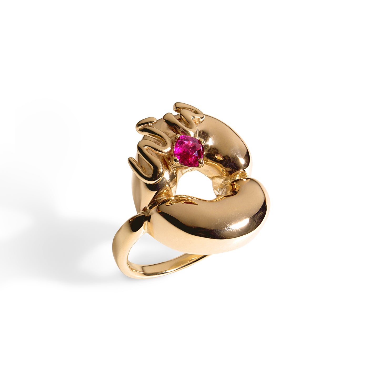 14 karat yellow gold ring with WOW letters with prongs setting cushion cut pink spinel.