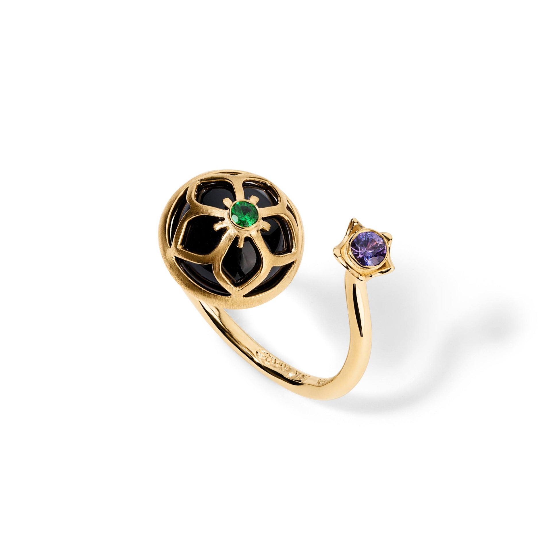 14 karat and 18 karat yellow gold bypass ring featuring a cutout balloon flower design with a tiny Tsavorite garnet on the top of dome shaped onyx. There is a 3mm purple sapphire on the other ring end