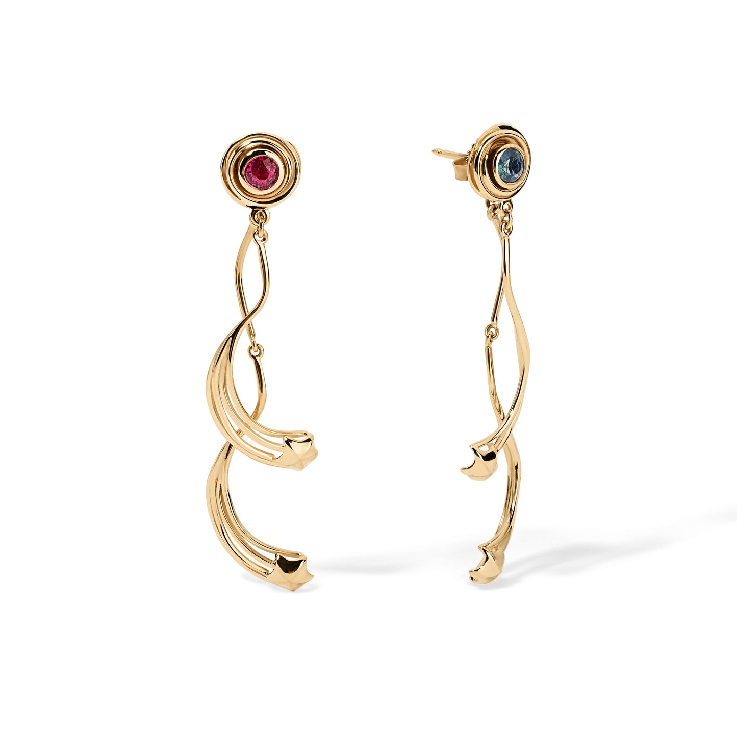 A pair of 14 karat yellow gold dangling earrings. The top part has a 4mm round cut pink Spinel and the other has a teal which is greenish blue Sapphire. Stars and rays of stars dangle from your earlobe's front and back attached to the butterfly ear backs.